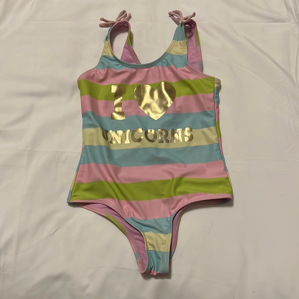 Sweet Pineapple I Love Unicorns striped one piece girls swimsuit size 6